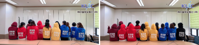 단체후드집업을 입은 직원들의 모습